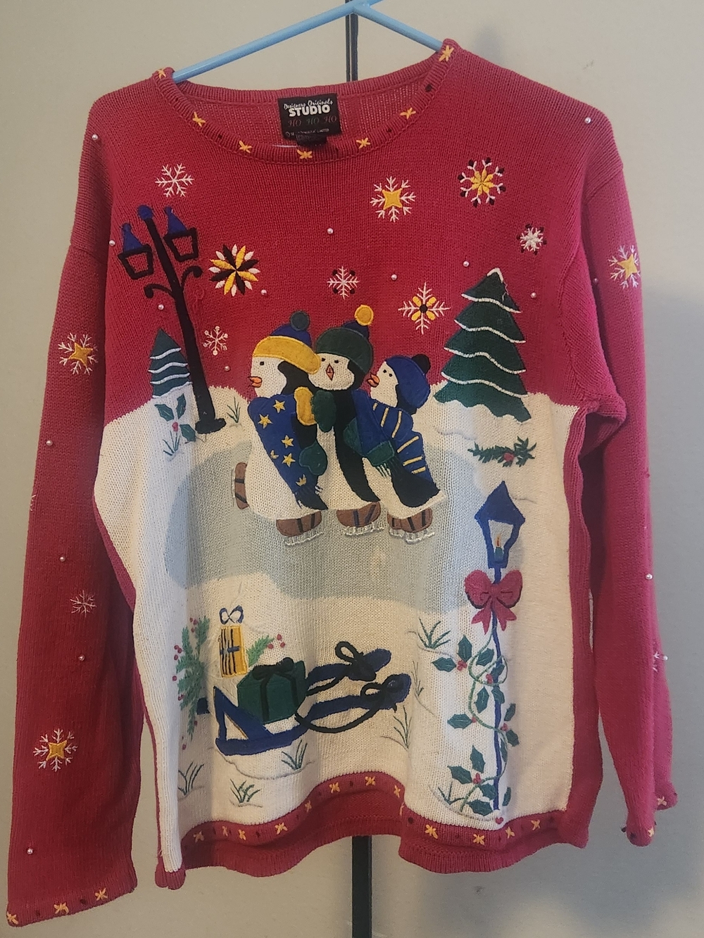 Designers Originals Red Holiday Snowman Scene Crewneck Sweater